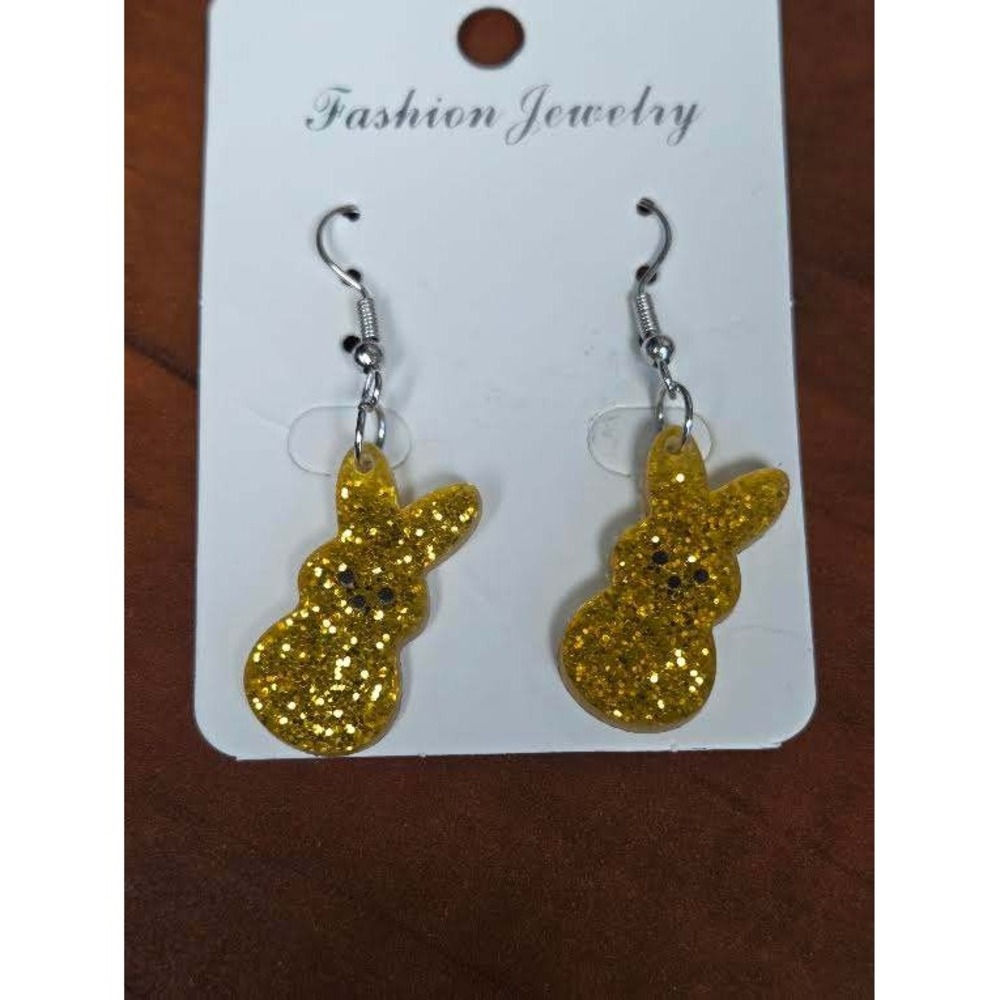Yellow Glitter Bunny Rabbit Drop Earrings Easter Marshmallow Style Jewelry